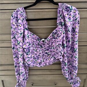 Lush Lavender Floral Ruched Long-Sleeve Crop Top